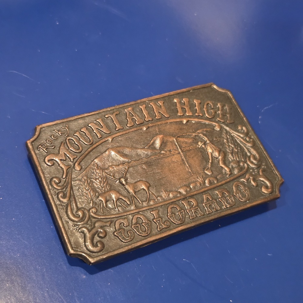 Vintage Rocky Mountain High Colorado Brass Belt Buckle Deer Mountains Hiker